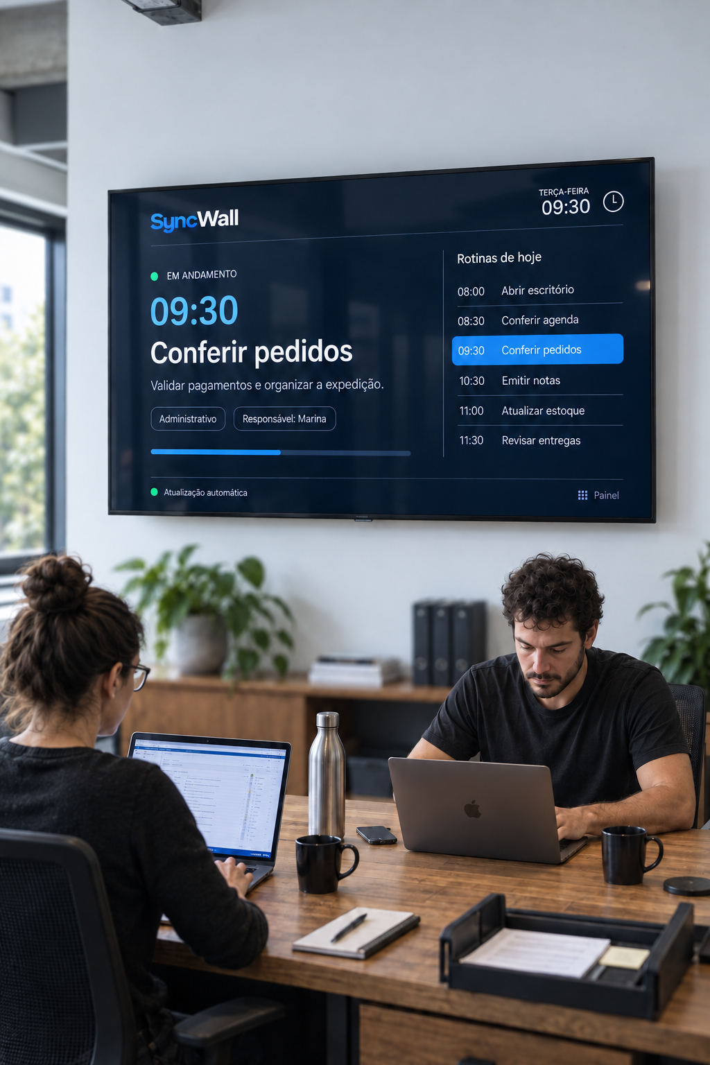 Escritório com uma equipe trabalhando e uma TV exibindo a programação de rotinas em um painel azul-escuro.